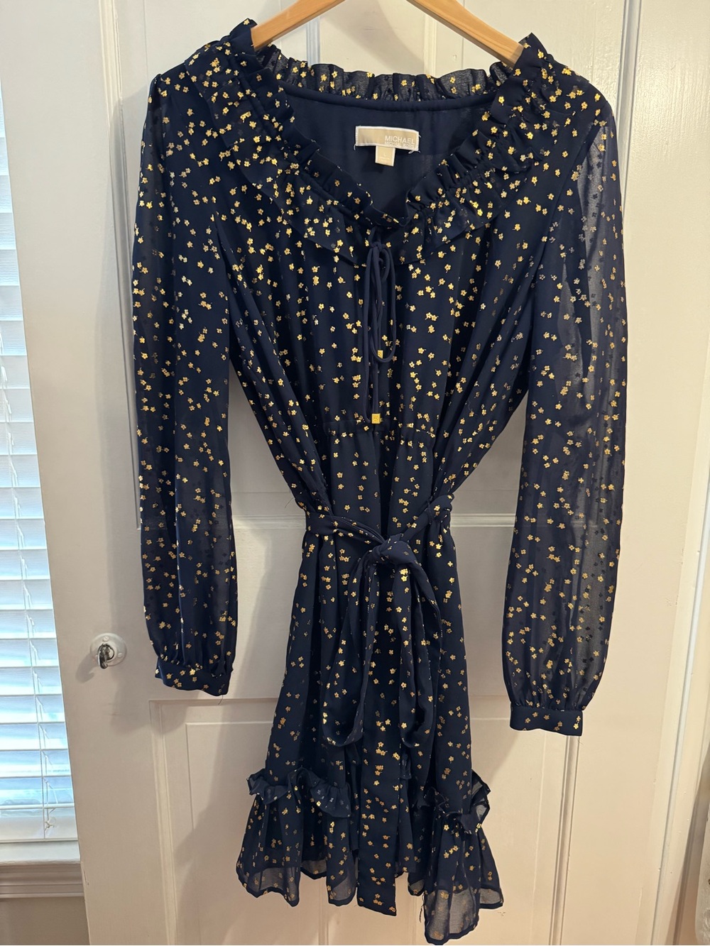 Michael Kors' Navy Blue and Gold Sheer Sleeve, Lined Ruffle Dress